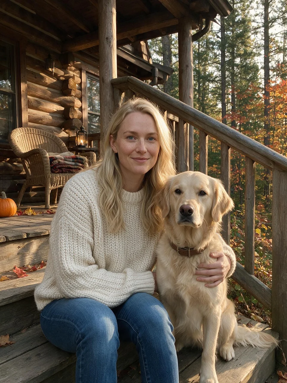 Nora with her golden retriever Loki on the porch of her house in Bend