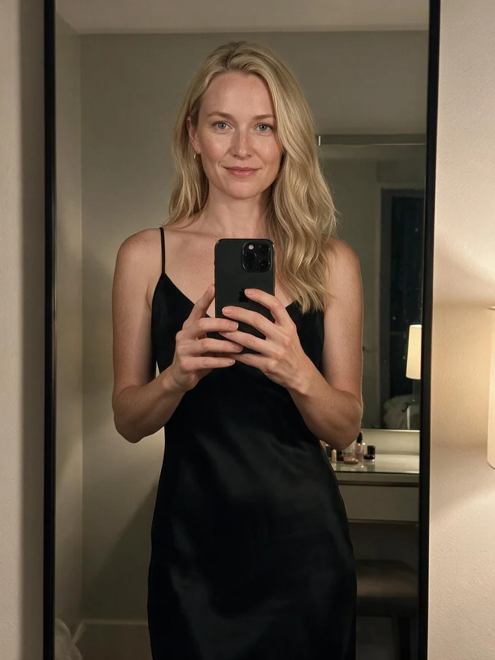Nora taking a mirror selfie in a dark slip dress