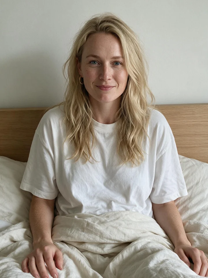Nora in bed in a white t-shirt